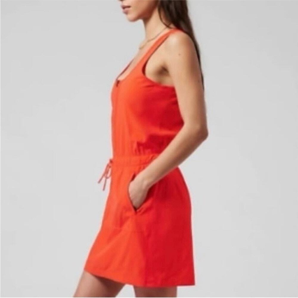 Athleta Dress XL Red Orange V Neck Cross Back Drawstring Active Travel Mini